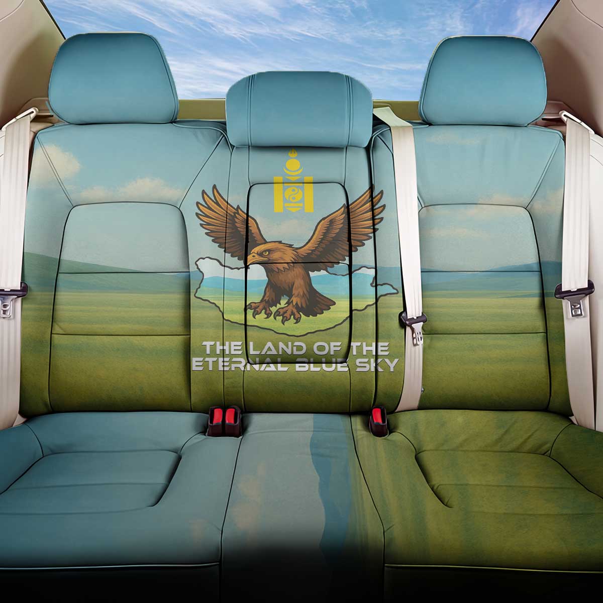 Mongolia Back Car Seat Cover with Eagle Map Eternal Blue Sky Steppe Spirit