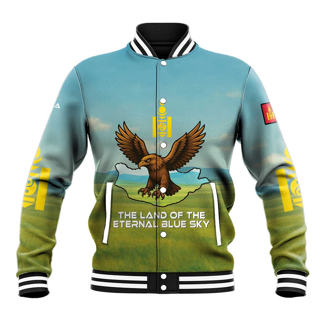 Mongolia Baseball Jacket with Eagle Map Eternal Blue Sky Steppe Spirit