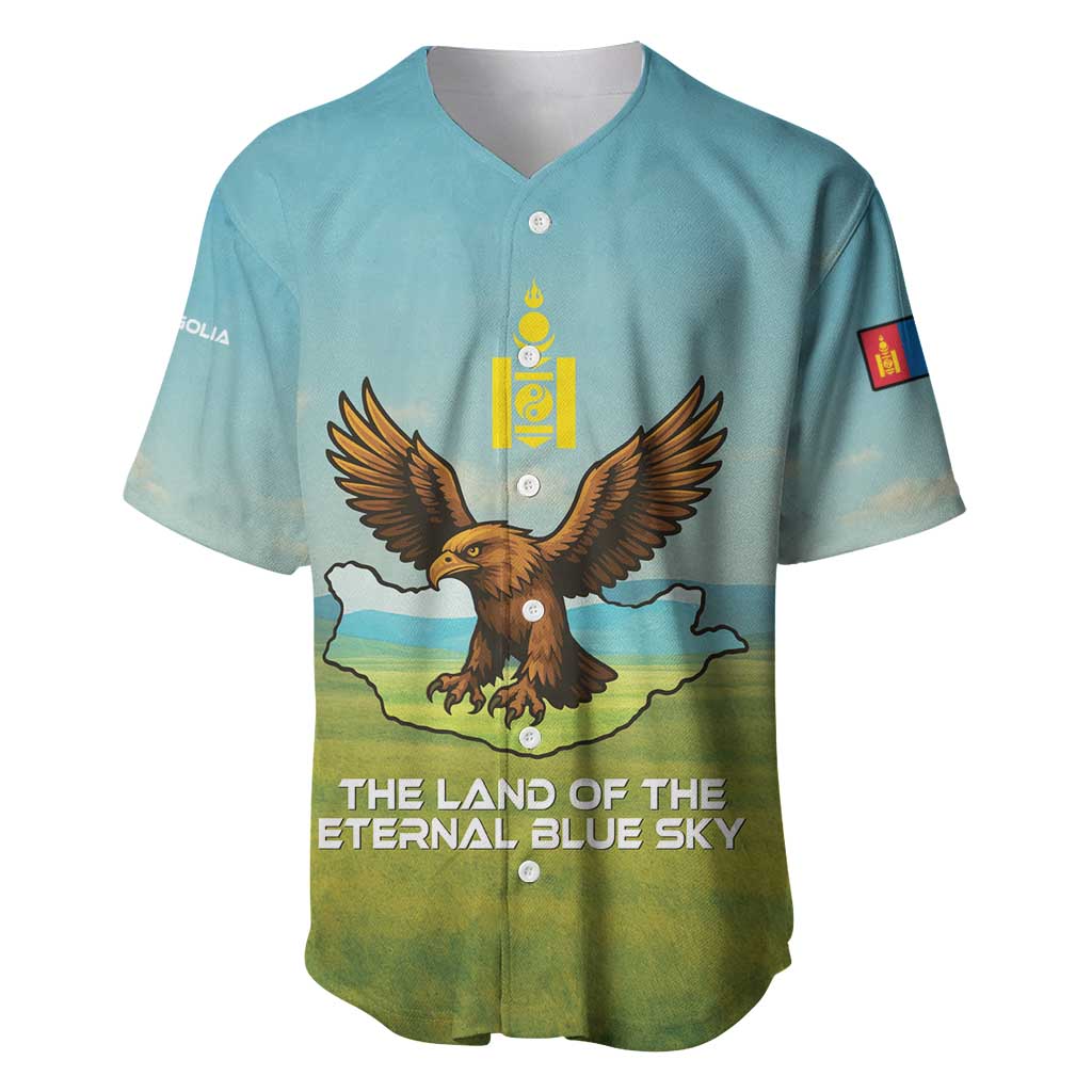 Mongolia Baseball Jersey with Eagle Map Eternal Blue Sky Steppe Spirit