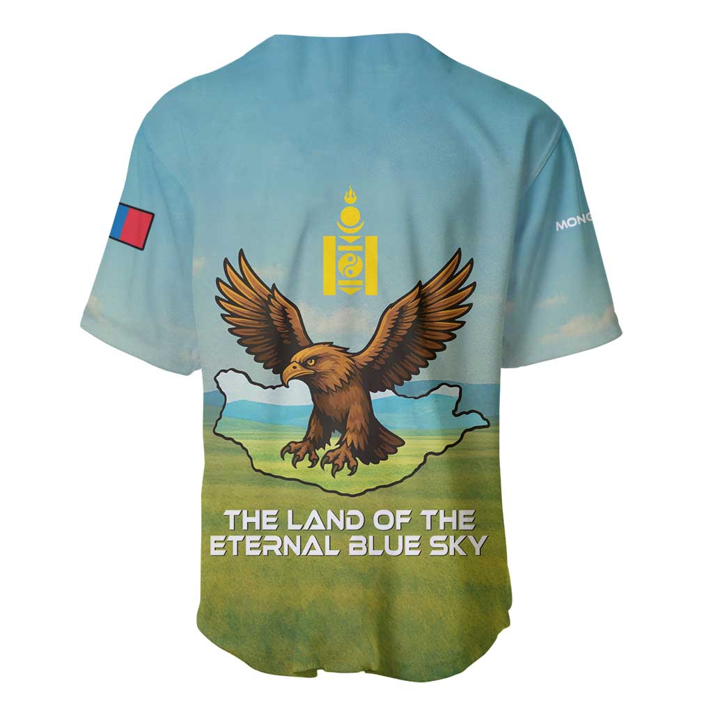 Mongolia Baseball Jersey with Eagle Map Eternal Blue Sky Steppe Spirit