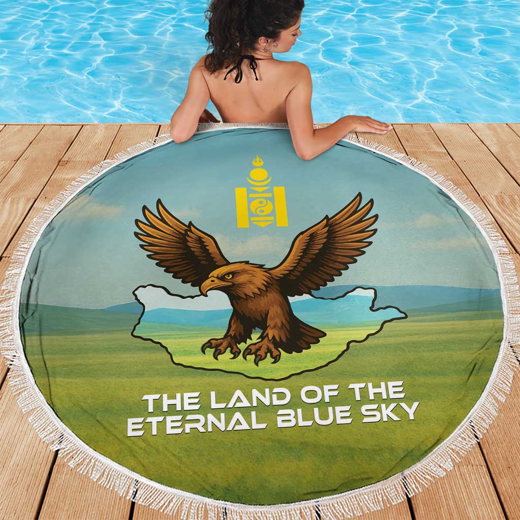 Mongolia Beach Blanket with Eagle Map Eternal Blue Sky Steppe Spirit