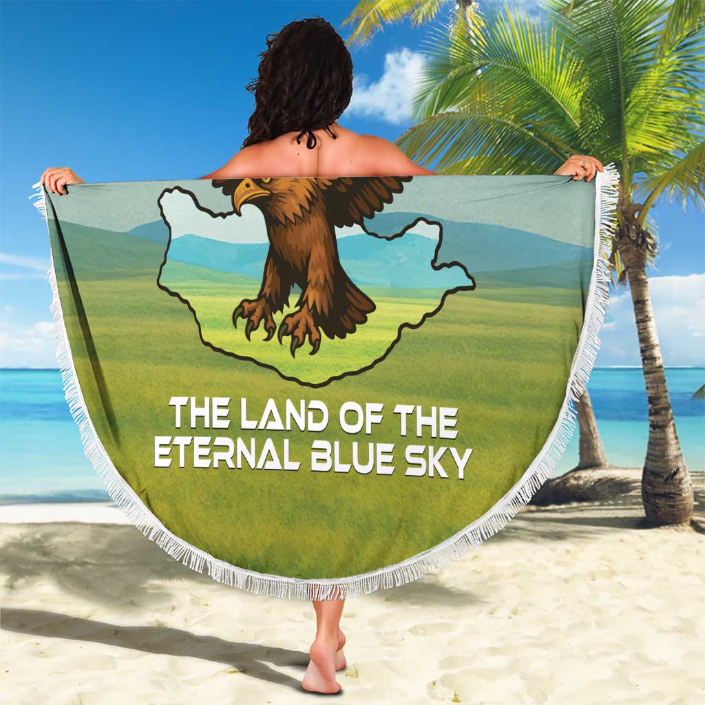 Mongolia Beach Blanket with Eagle Map Eternal Blue Sky Steppe Spirit