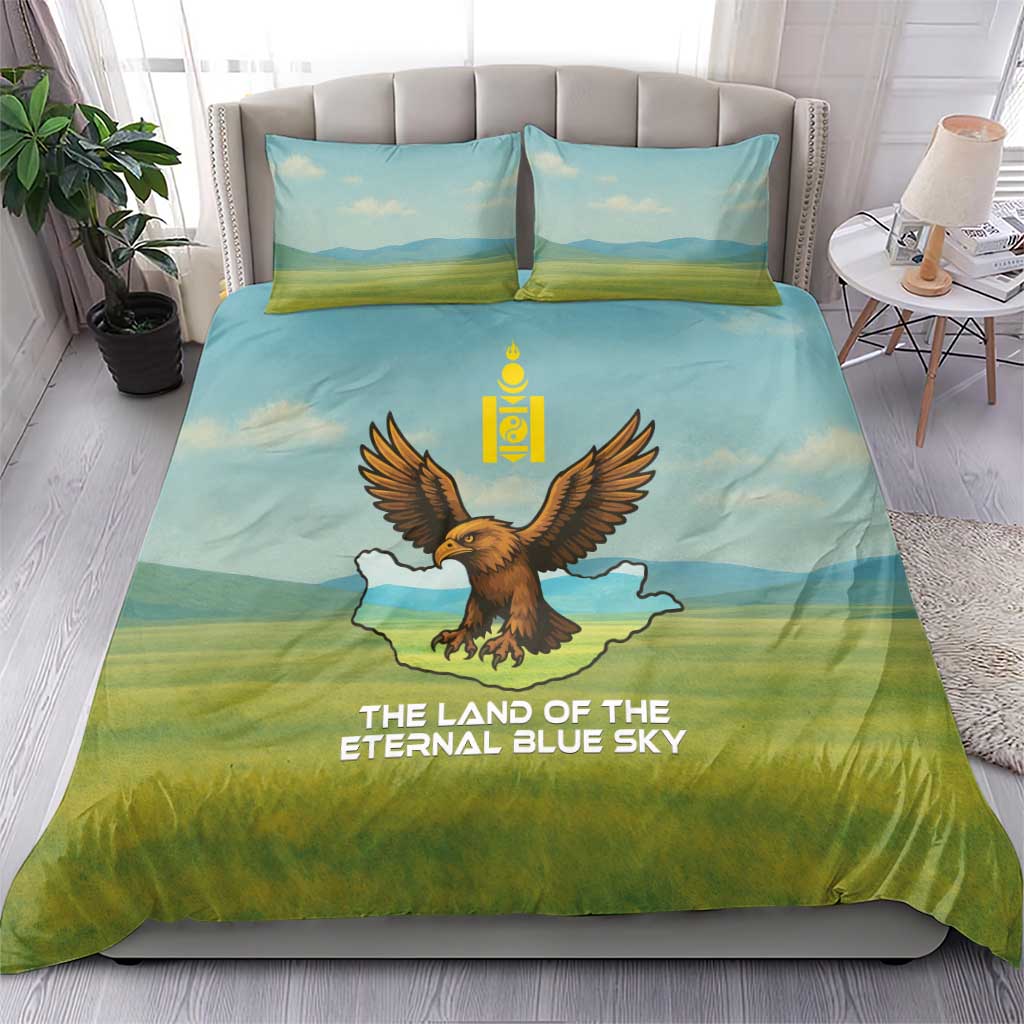 Mongolia Bedding Set with Eagle Map Eternal Blue Sky Steppe Spirit