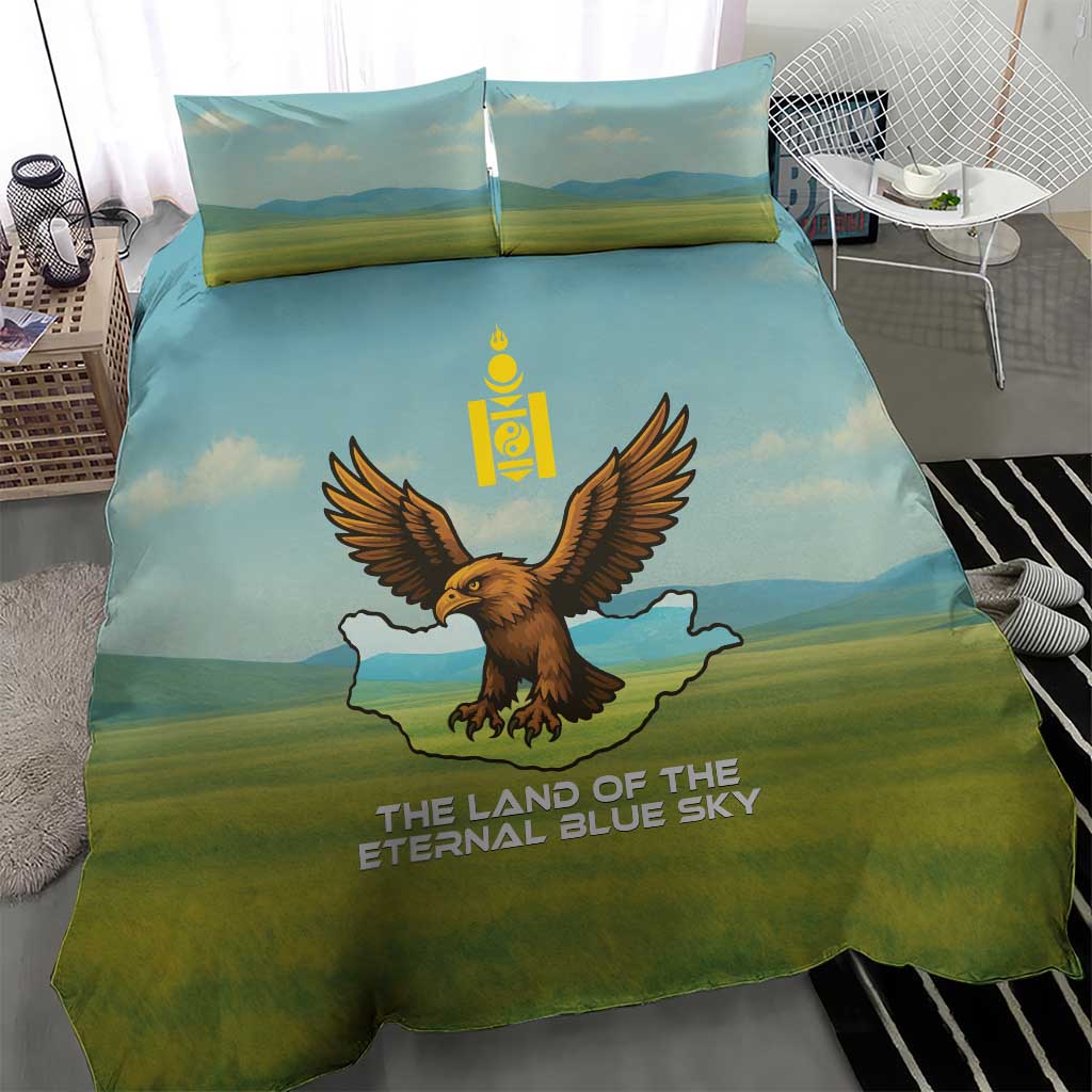 Mongolia Bedding Set with Eagle Map Eternal Blue Sky Steppe Spirit