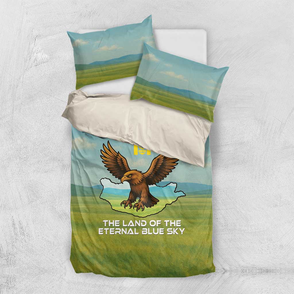 Mongolia Bedding Set with Eagle Map Eternal Blue Sky Steppe Spirit