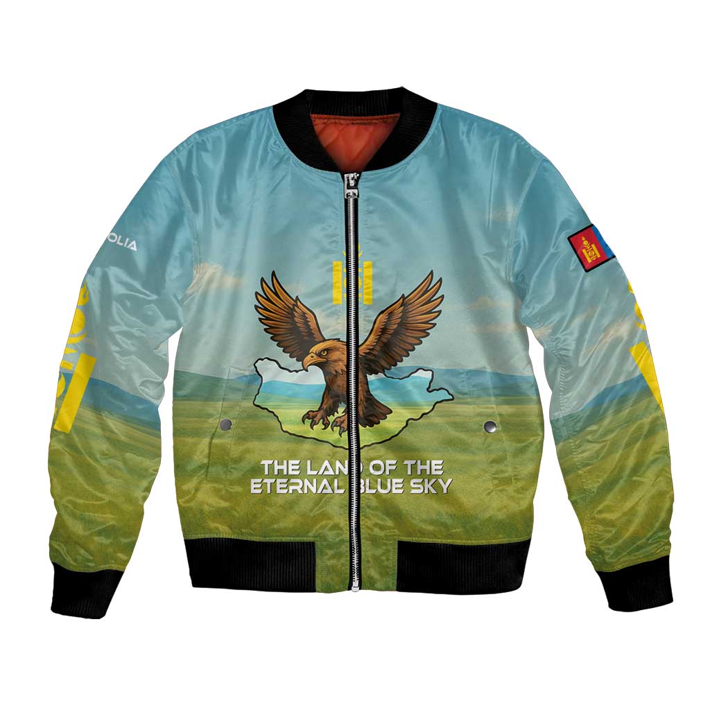 Mongolia Bomber Jacket with Eagle Map Eternal Blue Sky Steppe Spirit