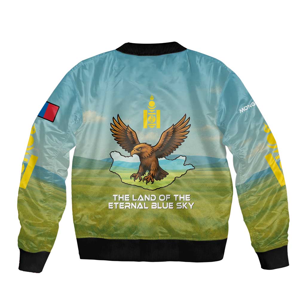 Mongolia Bomber Jacket with Eagle Map Eternal Blue Sky Steppe Spirit