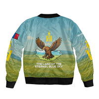 Mongolia Bomber Jacket with Eagle Map Eternal Blue Sky Steppe Spirit