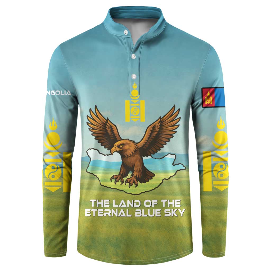 Mongolia Button Sweatshirt with Eagle Map Eternal Blue Sky Steppe Spirit