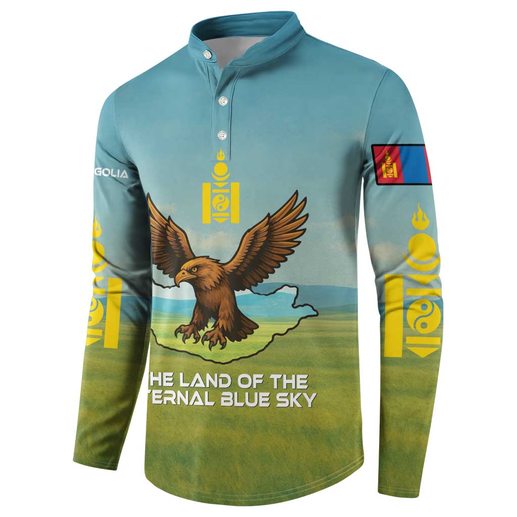 Mongolia Button Sweatshirt with Eagle Map Eternal Blue Sky Steppe Spirit