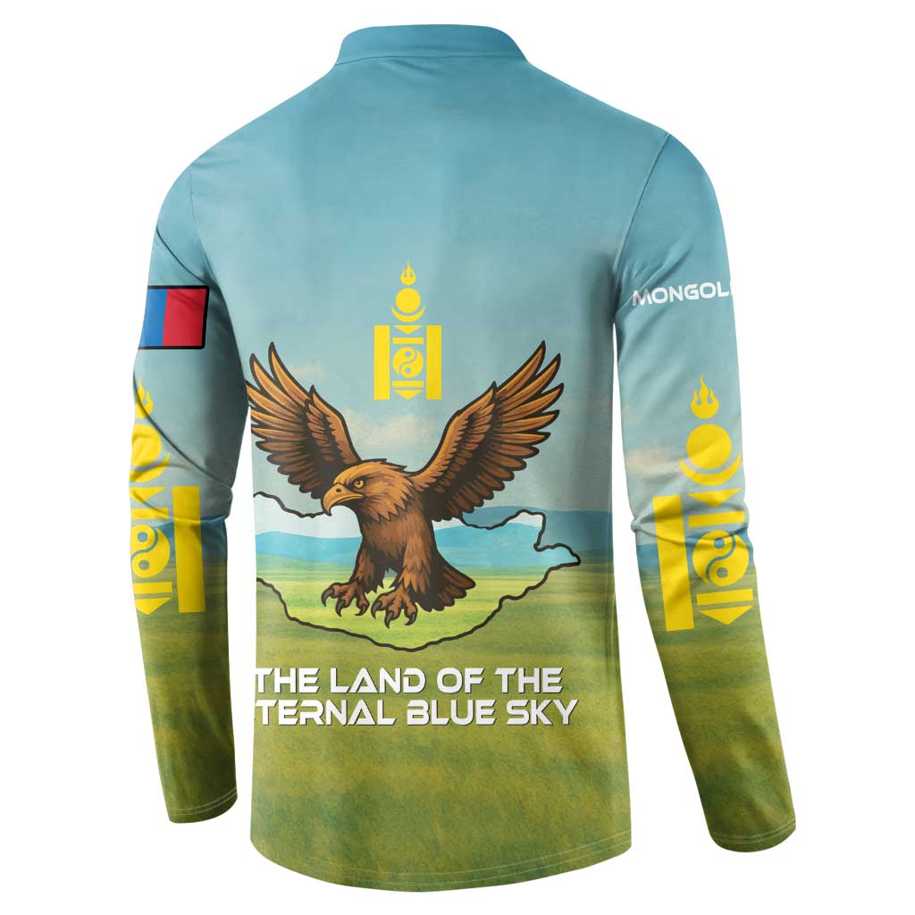 Mongolia Button Sweatshirt with Eagle Map Eternal Blue Sky Steppe Spirit