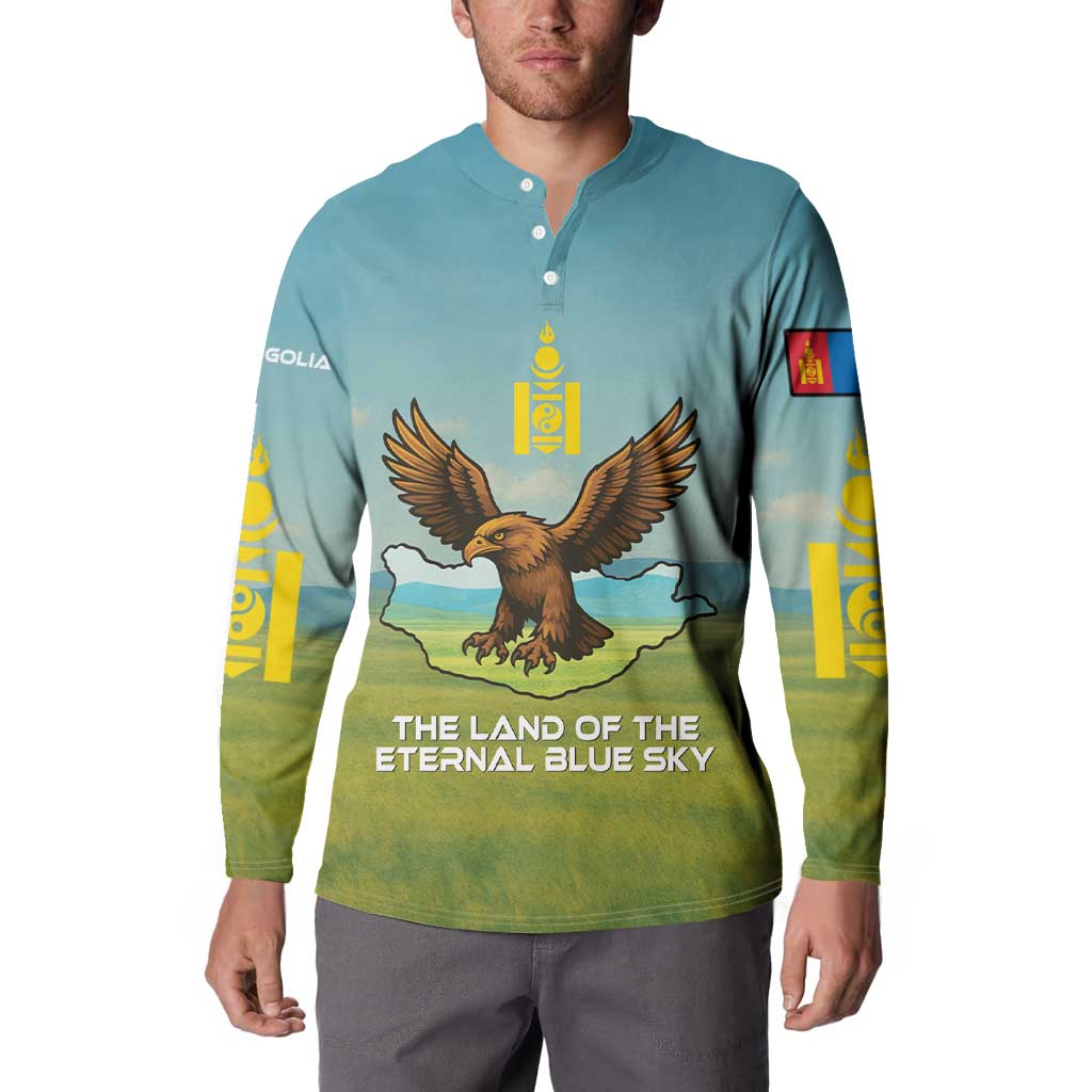 Mongolia Button Sweatshirt with Eagle Map Eternal Blue Sky Steppe Spirit