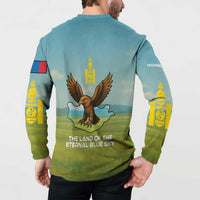 Mongolia Button Sweatshirt with Eagle Map Eternal Blue Sky Steppe Spirit