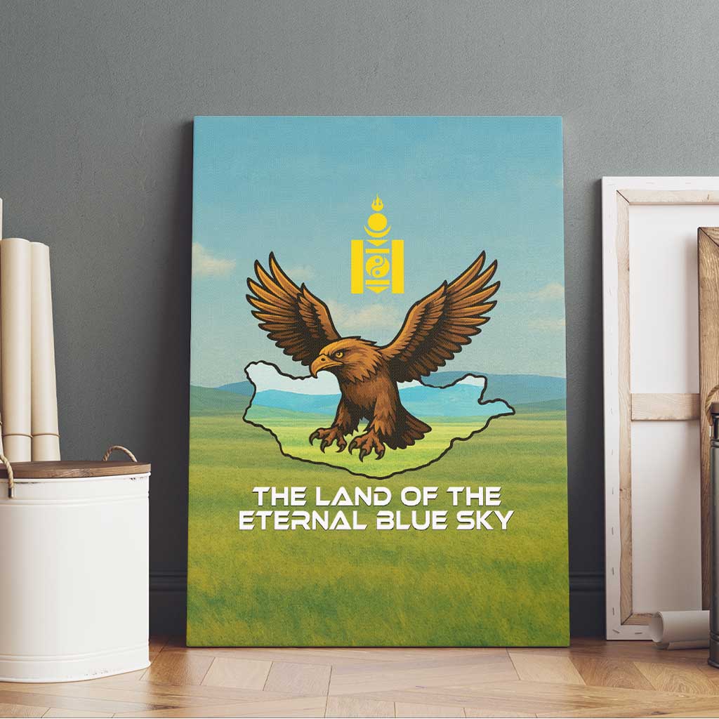 Mongolia Canvas Wall Art with Eagle Map Eternal Blue Sky Steppe Spirit