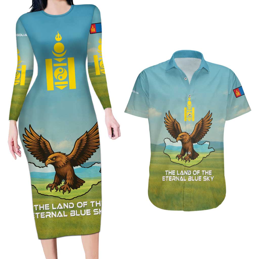 Mongolia Couples Matching Long Sleeve Bodycon Dress and Hawaiian Shirt with Eagle Map Eternal Blue Sky Steppe Spirit