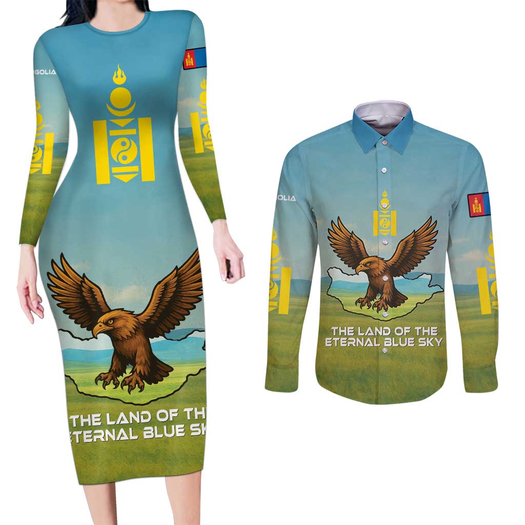 Mongolia Couples Matching Long Sleeve Bodycon Dress and Long Sleeve Button Shirt with Eagle Map Eternal Blue Sky Steppe Spirit