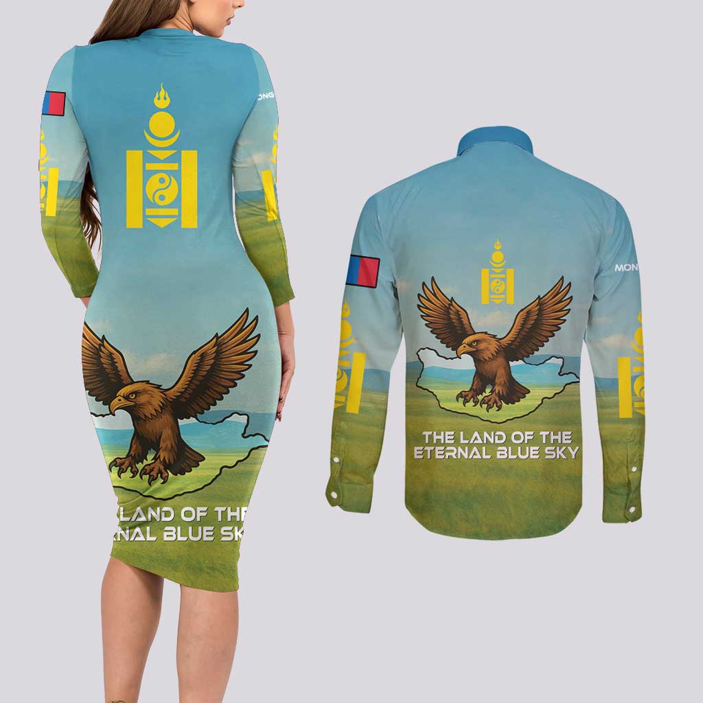 Mongolia Couples Matching Long Sleeve Bodycon Dress and Long Sleeve Button Shirt with Eagle Map Eternal Blue Sky Steppe Spirit