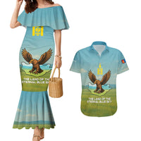 Mongolia Couples Matching Mermaid Dress and Hawaiian Shirt with Eagle Map Eternal Blue Sky Steppe Spirit
