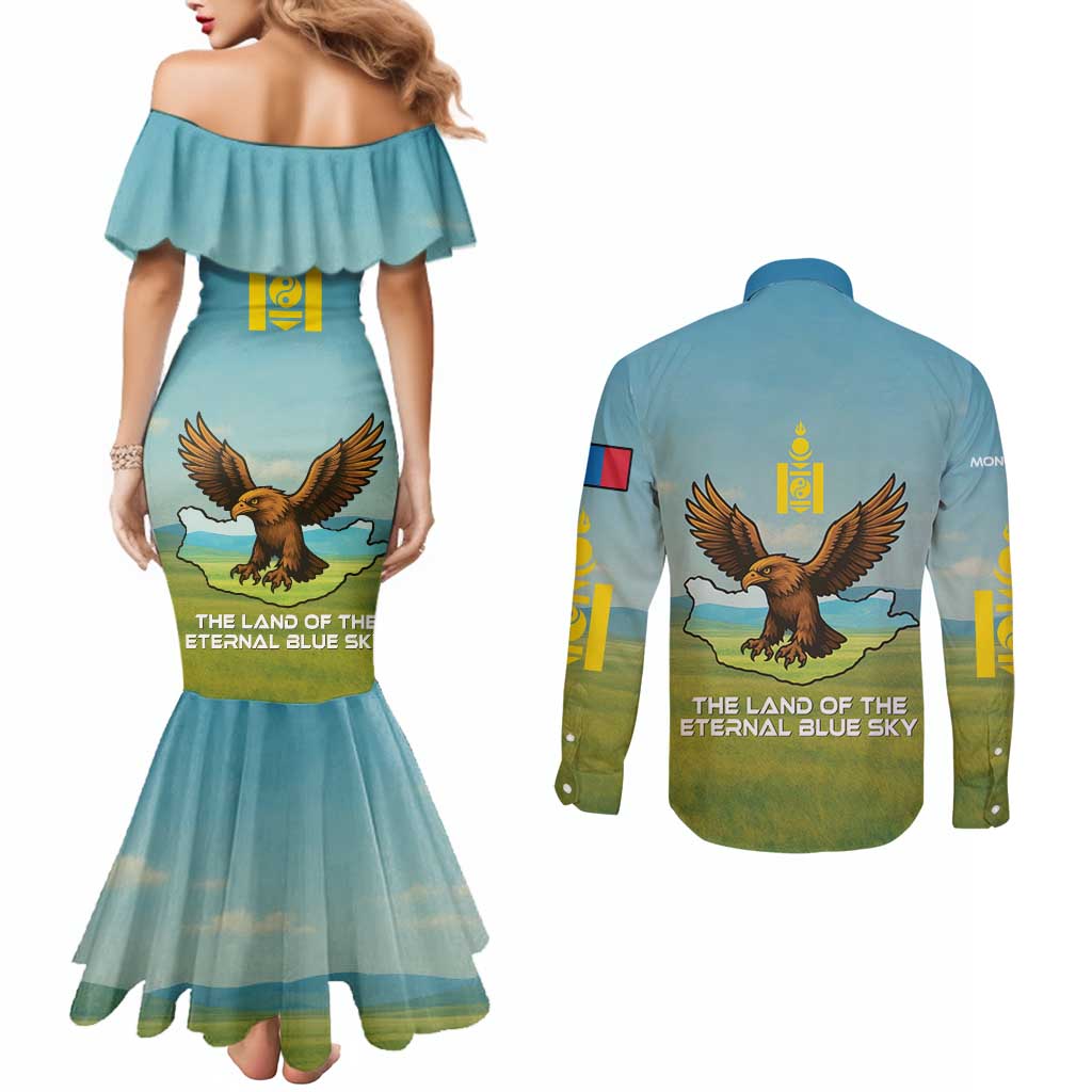 Mongolia Couples Matching Mermaid Dress and Long Sleeve Button Shirt with Eagle Map Eternal Blue Sky Steppe Spirit