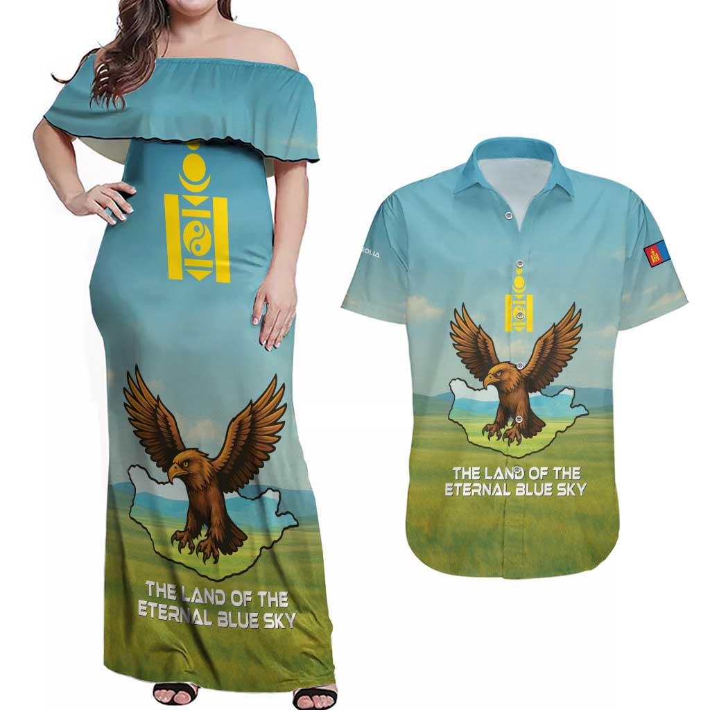 Mongolia Couples Matching Off Shoulder Maxi Dress and Hawaiian Shirt with Eagle Map Eternal Blue Sky Steppe Spirit