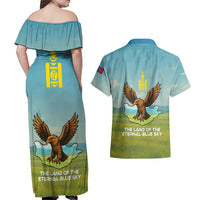 Mongolia Couples Matching Off Shoulder Maxi Dress and Hawaiian Shirt with Eagle Map Eternal Blue Sky Steppe Spirit