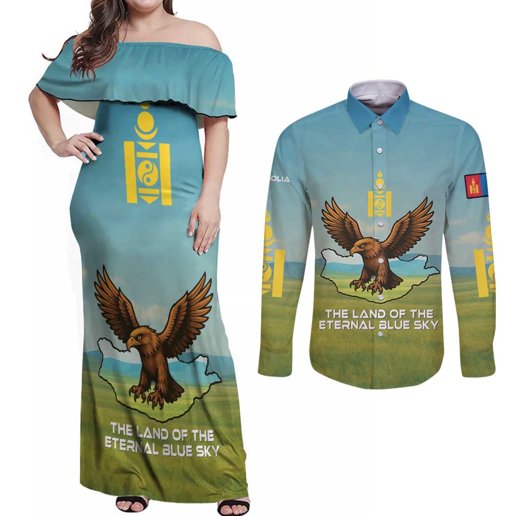 Mongolia Couples Matching Off Shoulder Maxi Dress and Long Sleeve Button Shirt with Eagle Map Eternal Blue Sky Steppe Spirit