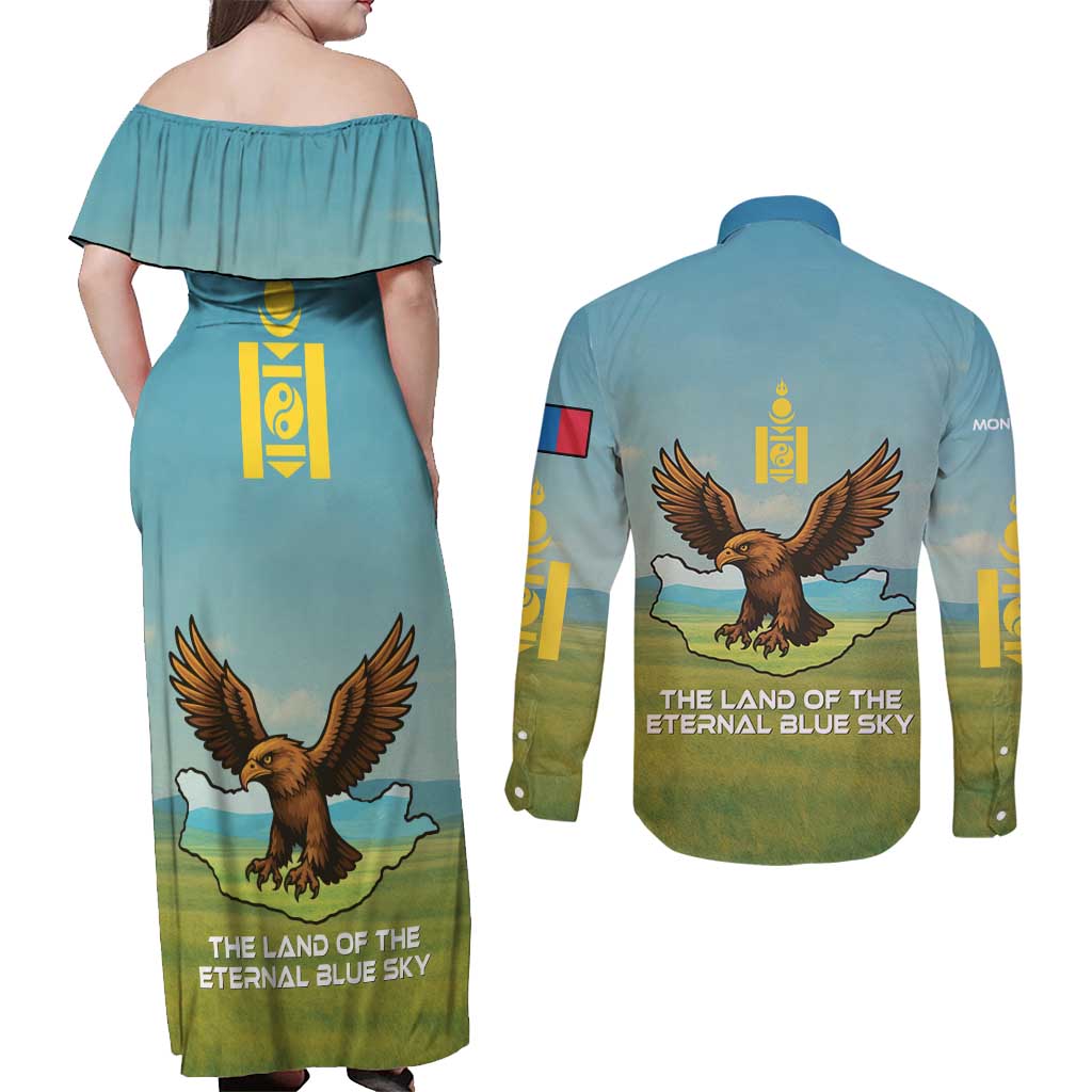 Mongolia Couples Matching Off Shoulder Maxi Dress and Long Sleeve Button Shirt with Eagle Map Eternal Blue Sky Steppe Spirit