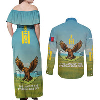Mongolia Couples Matching Off Shoulder Maxi Dress and Long Sleeve Button Shirt with Eagle Map Eternal Blue Sky Steppe Spirit