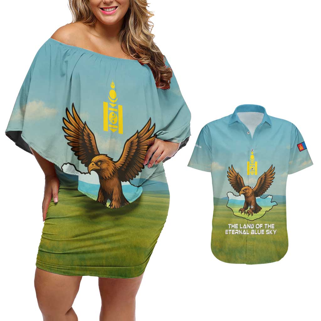 Mongolia Couples Matching Off Shoulder Short Dress and Hawaiian Shirt with Eagle Map Eternal Blue Sky Steppe Spirit