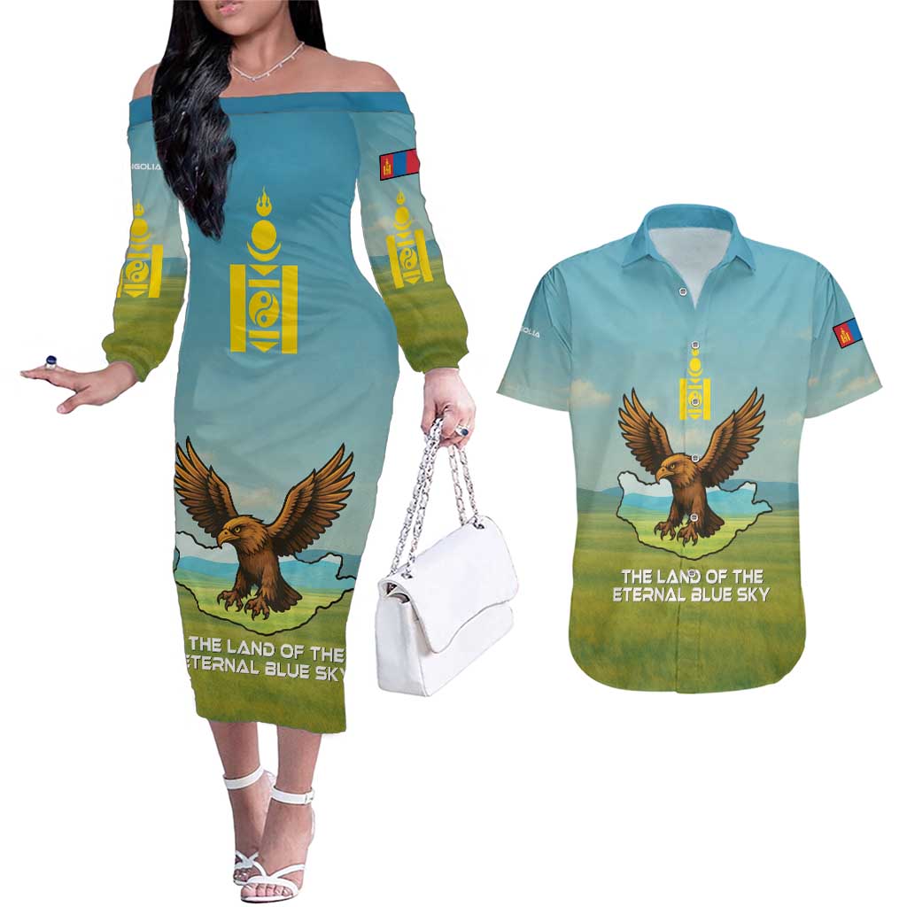 Mongolia Couples Matching Off The Shoulder Long Sleeve Dress and Hawaiian Shirt with Eagle Map Eternal Blue Sky Steppe Spirit