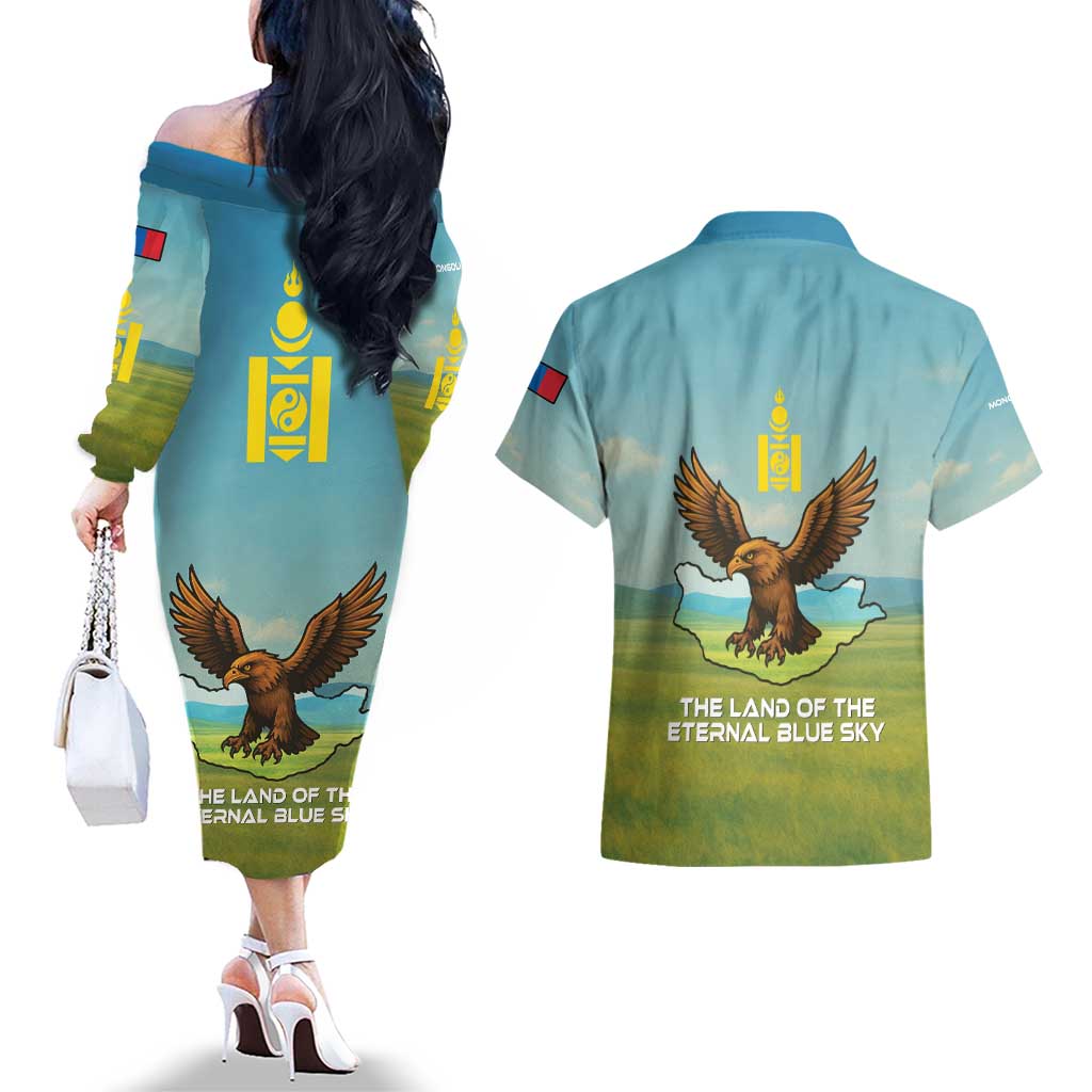 Mongolia Couples Matching Off The Shoulder Long Sleeve Dress and Hawaiian Shirt with Eagle Map Eternal Blue Sky Steppe Spirit