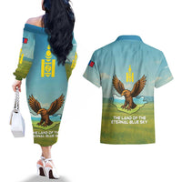 Mongolia Couples Matching Off The Shoulder Long Sleeve Dress and Hawaiian Shirt with Eagle Map Eternal Blue Sky Steppe Spirit