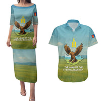 Mongolia Couples Matching Puletasi and Hawaiian Shirt with Eagle Map Eternal Blue Sky Steppe Spirit