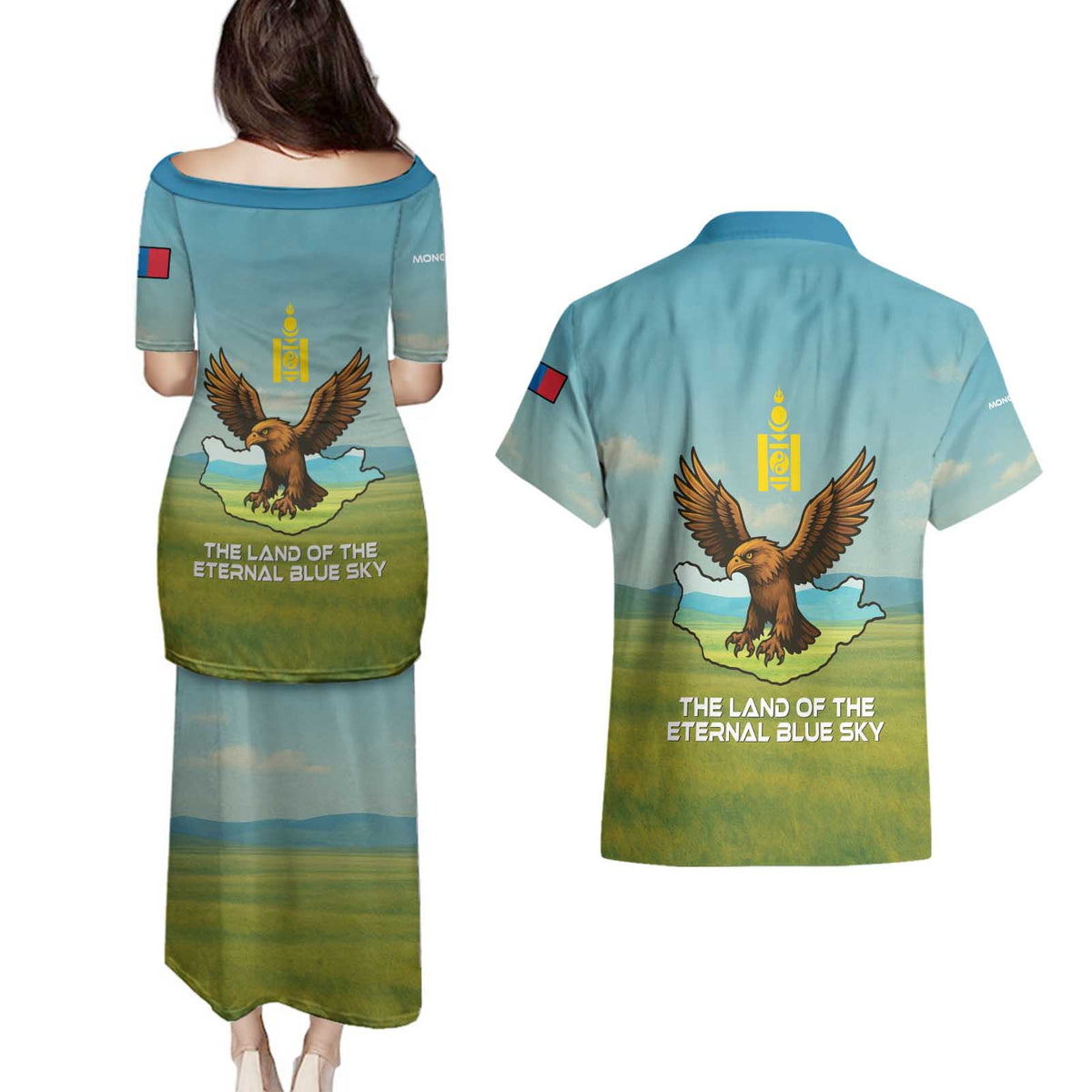 Mongolia Couples Matching Puletasi and Hawaiian Shirt with Eagle Map Eternal Blue Sky Steppe Spirit