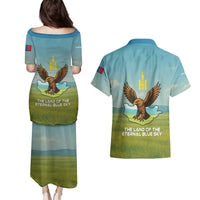 Mongolia Couples Matching Puletasi and Hawaiian Shirt with Eagle Map Eternal Blue Sky Steppe Spirit