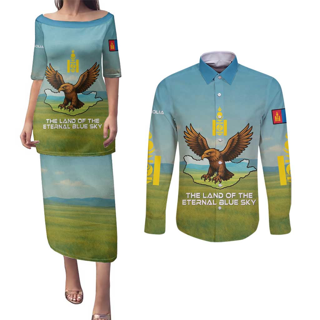 Mongolia Couples Matching Puletasi and Long Sleeve Button Shirt with Eagle Map Eternal Blue Sky Steppe Spirit
