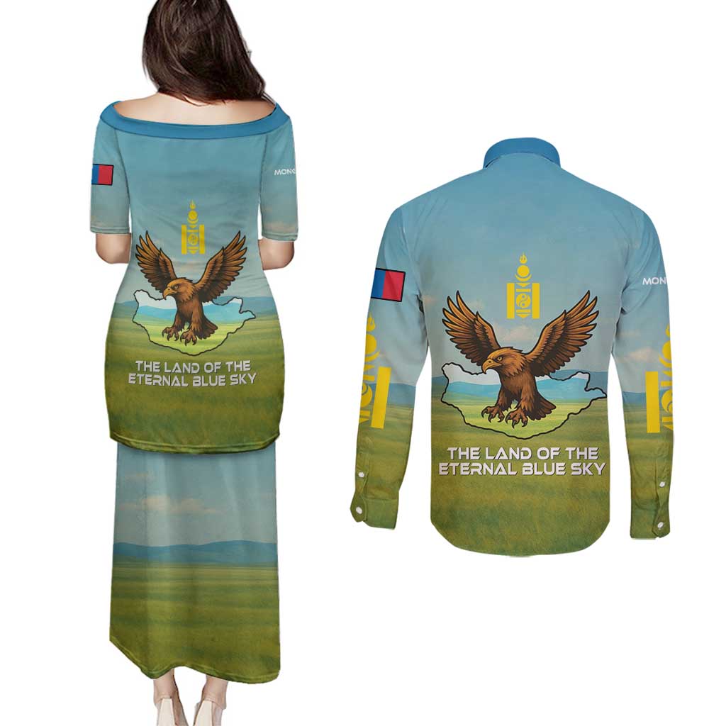 Mongolia Couples Matching Puletasi and Long Sleeve Button Shirt with Eagle Map Eternal Blue Sky Steppe Spirit