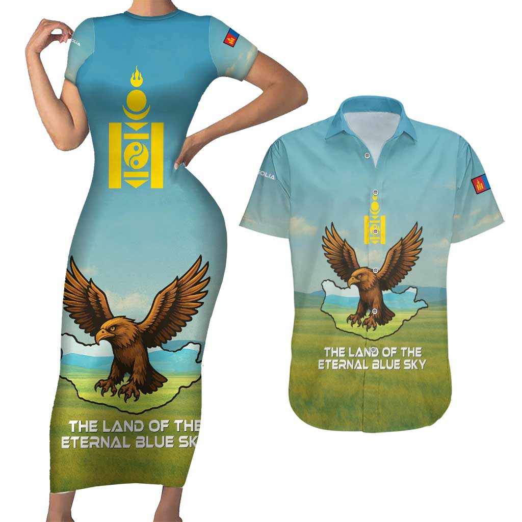 Mongolia Couples Matching Short Sleeve Bodycon Dress and Hawaiian Shirt with Eagle Map Eternal Blue Sky Steppe Spirit