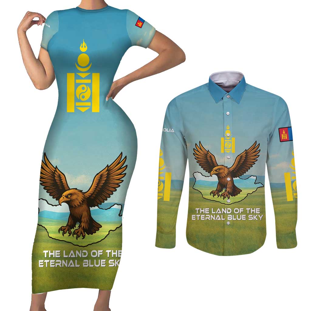 Mongolia Couples Matching Short Sleeve Bodycon Dress and Long Sleeve Button Shirt with Eagle Map Eternal Blue Sky Steppe Spirit