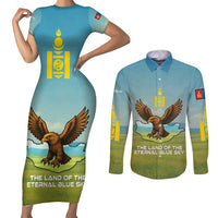Mongolia Couples Matching Short Sleeve Bodycon Dress and Long Sleeve Button Shirt with Eagle Map Eternal Blue Sky Steppe Spirit