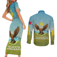 Mongolia Couples Matching Short Sleeve Bodycon Dress and Long Sleeve Button Shirt with Eagle Map Eternal Blue Sky Steppe Spirit