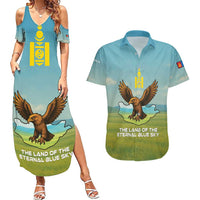 Mongolia Couples Matching Summer Maxi Dress and Hawaiian Shirt with Eagle Map Eternal Blue Sky Steppe Spirit