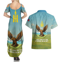 Mongolia Couples Matching Summer Maxi Dress and Hawaiian Shirt with Eagle Map Eternal Blue Sky Steppe Spirit