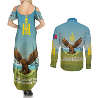 Mongolia Couples Matching Summer Maxi Dress and Long Sleeve Button Shirt with Eagle Map Eternal Blue Sky Steppe Spirit