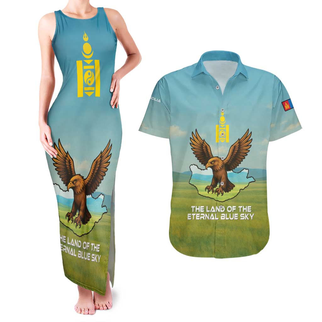 Mongolia Couples Matching Tank Maxi Dress and Hawaiian Shirt with Eagle Map Eternal Blue Sky Steppe Spirit
