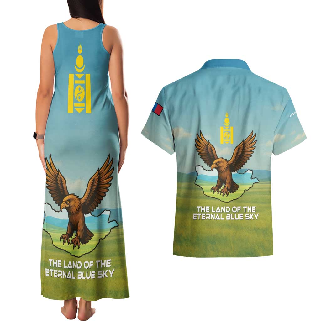 Mongolia Couples Matching Tank Maxi Dress and Hawaiian Shirt with Eagle Map Eternal Blue Sky Steppe Spirit