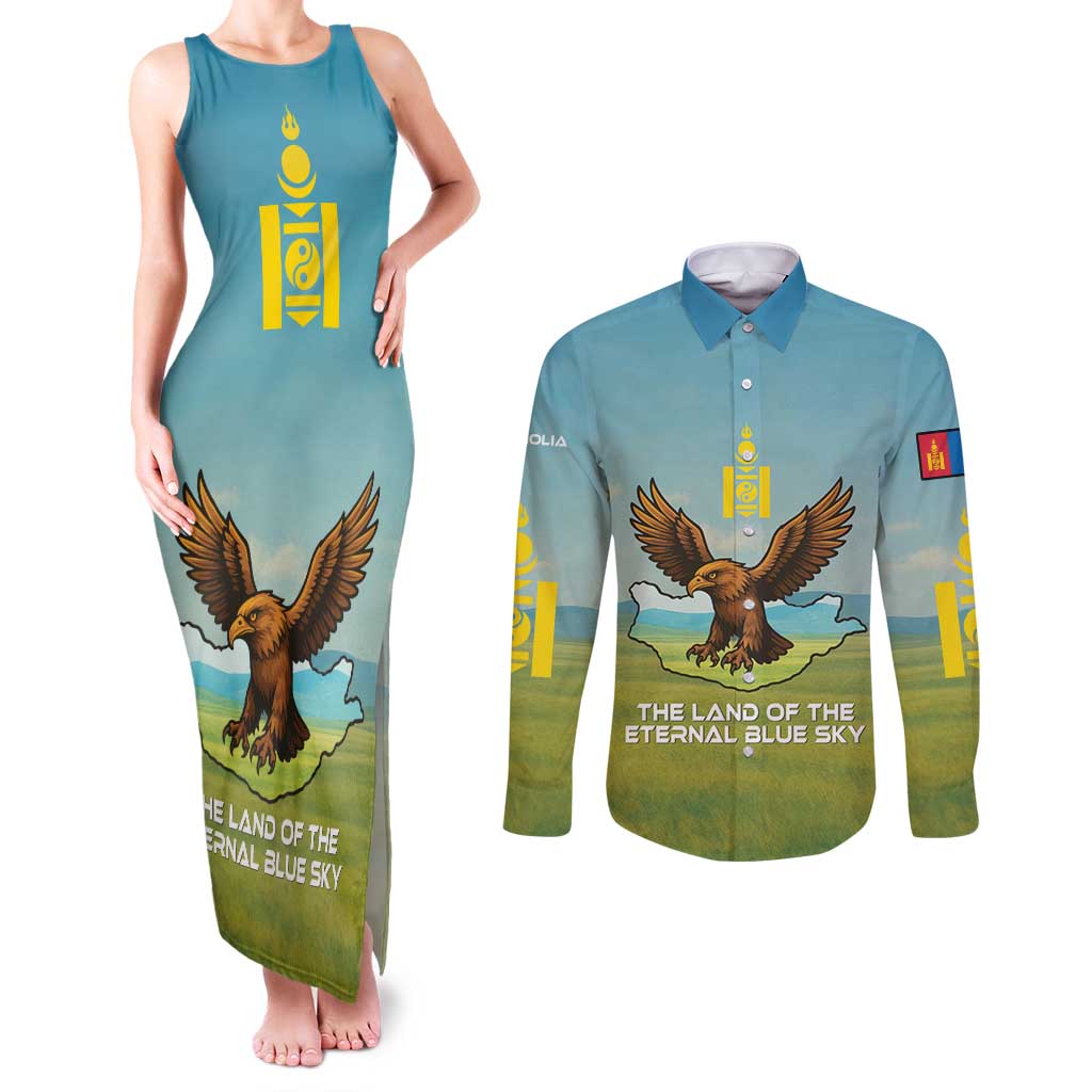 Mongolia Couples Matching Tank Maxi Dress and Long Sleeve Button Shirt with Eagle Map Eternal Blue Sky Steppe Spirit