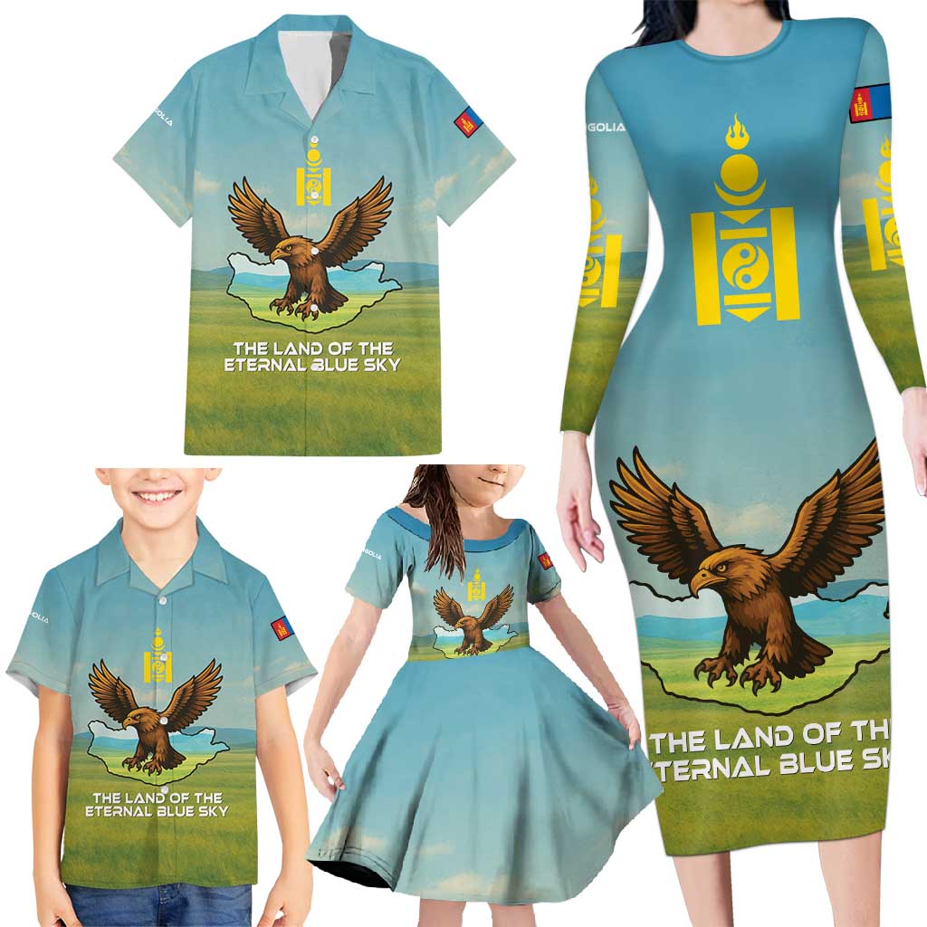 Mongolia Family Matching Long Sleeve Bodycon Dress and Hawaiian Shirt with Eagle Map Eternal Blue Sky Steppe Spirit