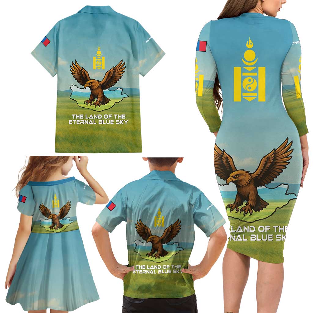 Mongolia Family Matching Long Sleeve Bodycon Dress and Hawaiian Shirt with Eagle Map Eternal Blue Sky Steppe Spirit