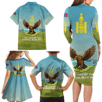 Mongolia Family Matching Long Sleeve Bodycon Dress and Hawaiian Shirt with Eagle Map Eternal Blue Sky Steppe Spirit
